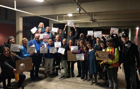 Community advocates, including ReThink Disposable team members, celebrate the passage of the Berkeley ordinance